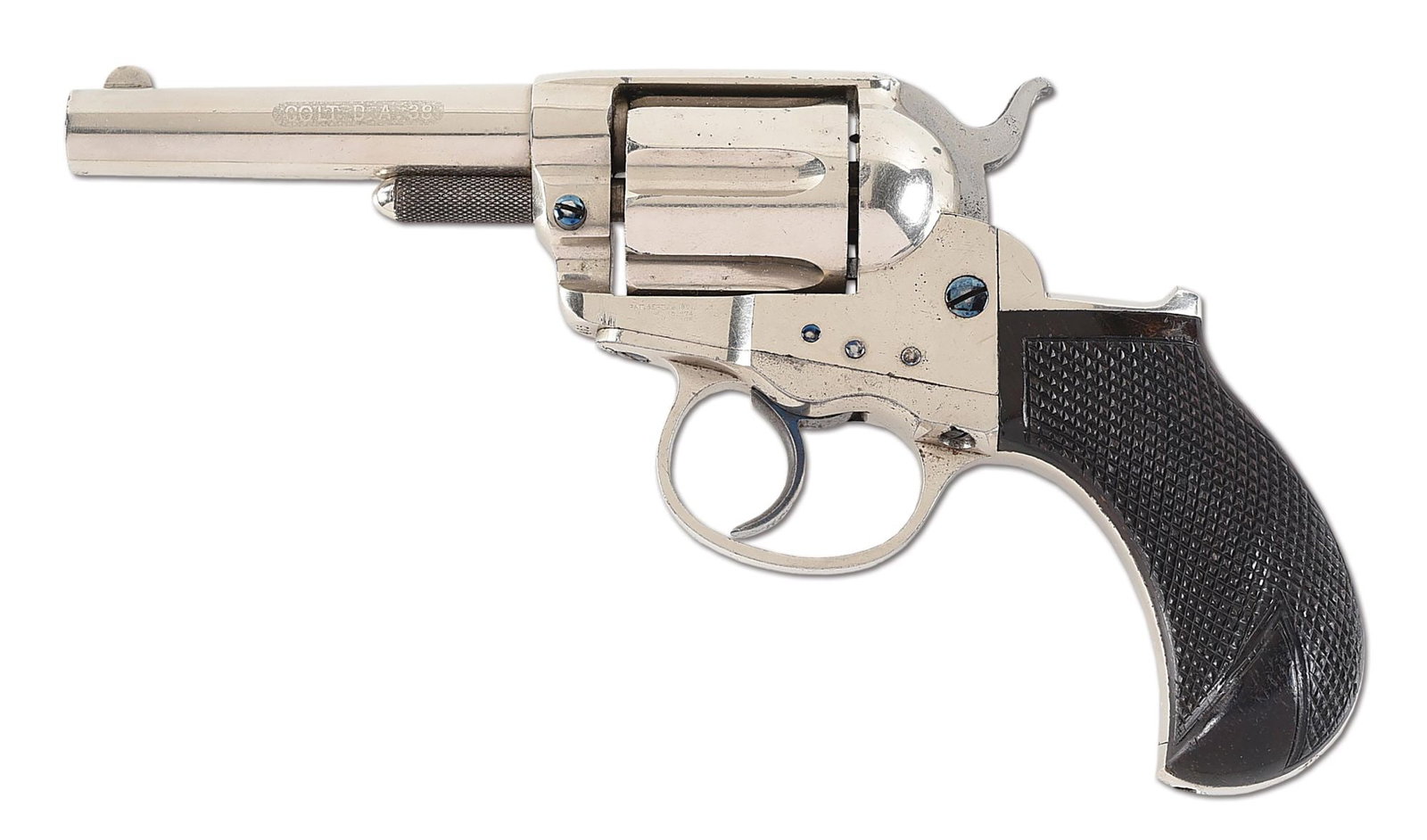 (A) FINE FIRST YEAR COLT MODEL 1877 LIGHTNING DOUBLE ACTION REVOLVER.: According to the Colt Factory archive letter, this gun left the factory as a .38 Colt with the barrel not listed. It was blue, and the stocks were not listed. It was shipped to J.P. Moores Sons, New Y