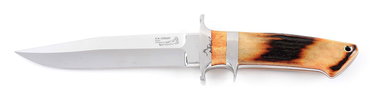 BOB LOVELESS JUNIOR BEAR SUBHILT FIGHTER.: Nice example of a Junior Bear sub hilt knife that was crafted by renowned knife maker Robert "Bob" Loveless. The knife features a 5 - 7/8" clip point blade marked by Loveless on either side with his s
