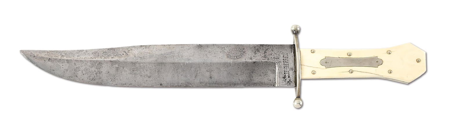 LARGE JAMES RODGERS & CO BOWIE KNIFE.: A large and impressive bowie knife that was crafted by James Rodgers & Co. Rodgers had made a name for himself producing an array of Bowie style knives for the domestic English market and for export t