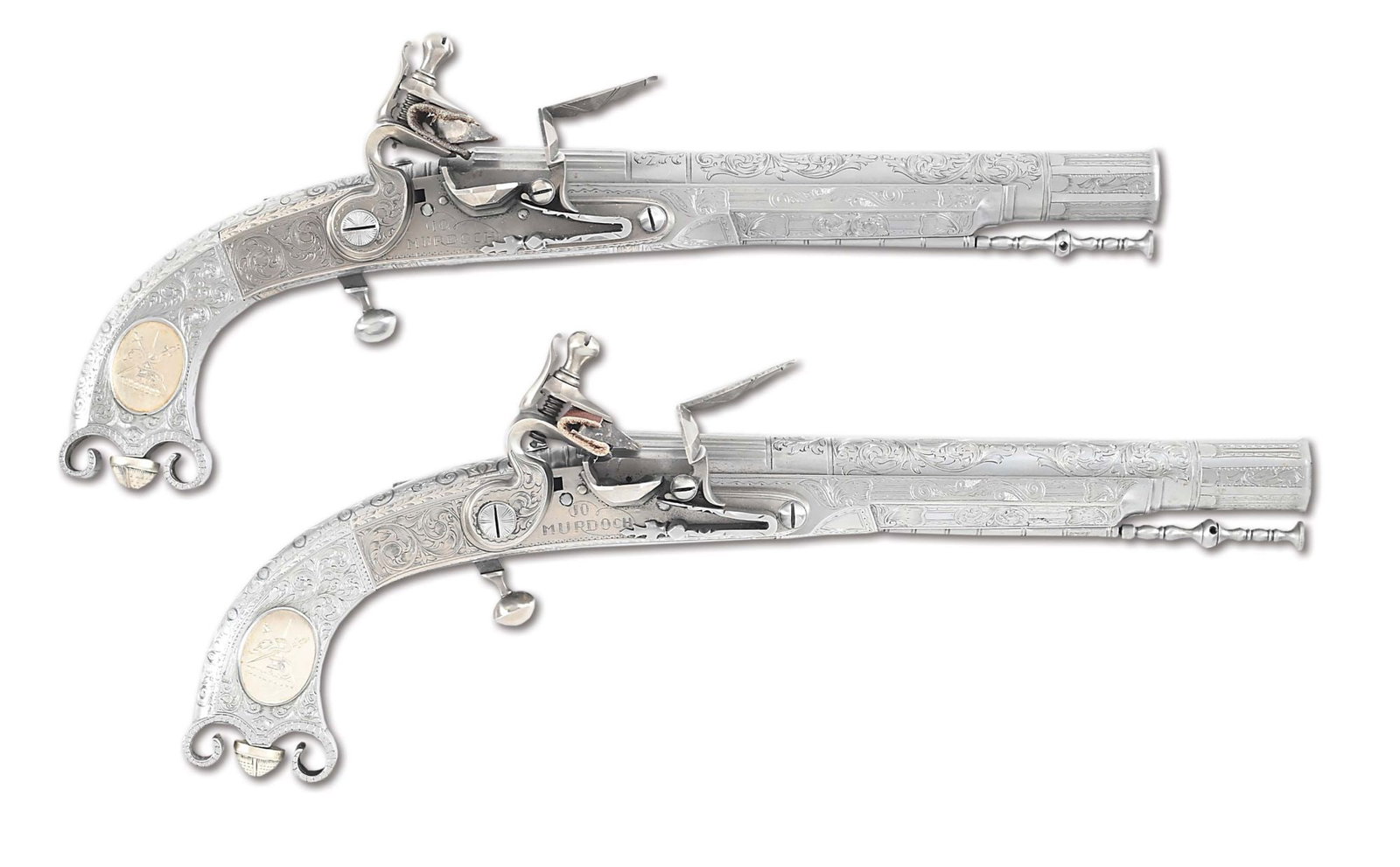 (A) US HISTORICAL SOCIETY REISSUE OF THE FAMOUS PITCAIRN-PUTNAM PISTOLS, WITH DISPLAY CASE.: In 1775 Major John Pitcairn led the British advance on Lexington carrying a pair of all steel Murdoch rams butt Scottish flintlock pistols. On the retreat from Concord, the pistols were lost and captu