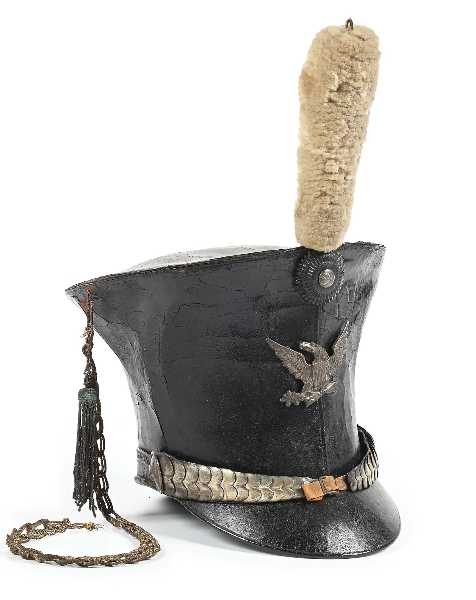 US M1821 INFANTRY OFFICER'S BELL CROWN SHAKO.: Regulation example of an M1821 American infantry officer's "tar bucket" shako, circa 1820-30. Tarred black finish over pressed leather with original silver braid, leather stacked rosettes with silvere
