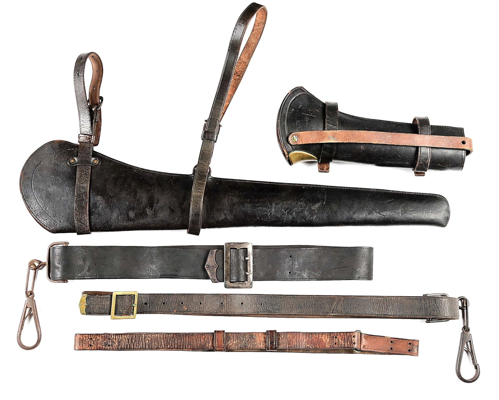 LOT OF 5: CIVIL WAR-INDIAN WARS CARBINE CARBINE SCABBARDS AND CAVALRY SLINGS.: Lot consists of: (A) Model 1896 carbine scabbard for the Krag rifle complete with straps. Generally smooth surface to the leather with areas of light crazing. These scabbards were produced at the Rock