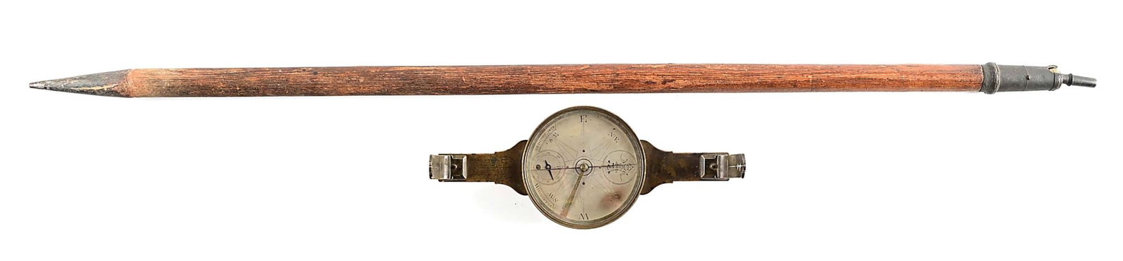 GOLDSMITH CHANDLEE TRANSITIONAL MODEL SURVEYORS CIRCUMFERENTOR WITH STAFF AND CHAIN.: Manufactured by one of the most well known American instrument makers of the period, Goldsmith Chandlee. Goldsmith (1751-1821) was the son of exceptional American and Quaker clockmaker Benjamin Chandl