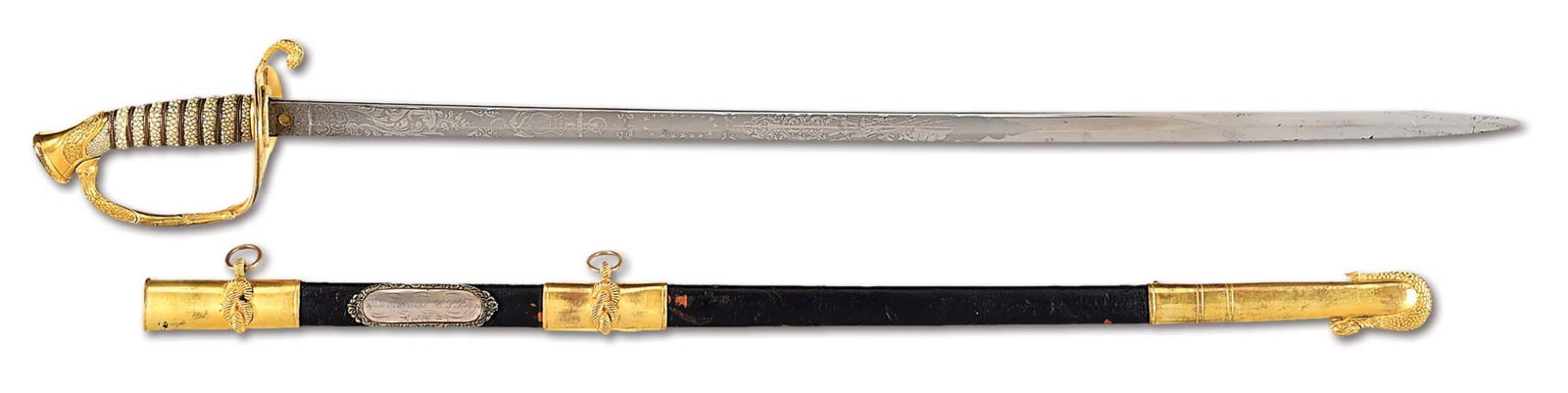 M1852 NAVAL OFFICER'S SWORD PRESENTED TO REAR ADMIRAL CHARLES S. BOGGS.: A nice example of a post-Civil War M1852 Naval Officer’s sword presented to Rear Admiral Charles Stewart Boggs. The sword is in standard M1852 configuration, decorated for over half its length w