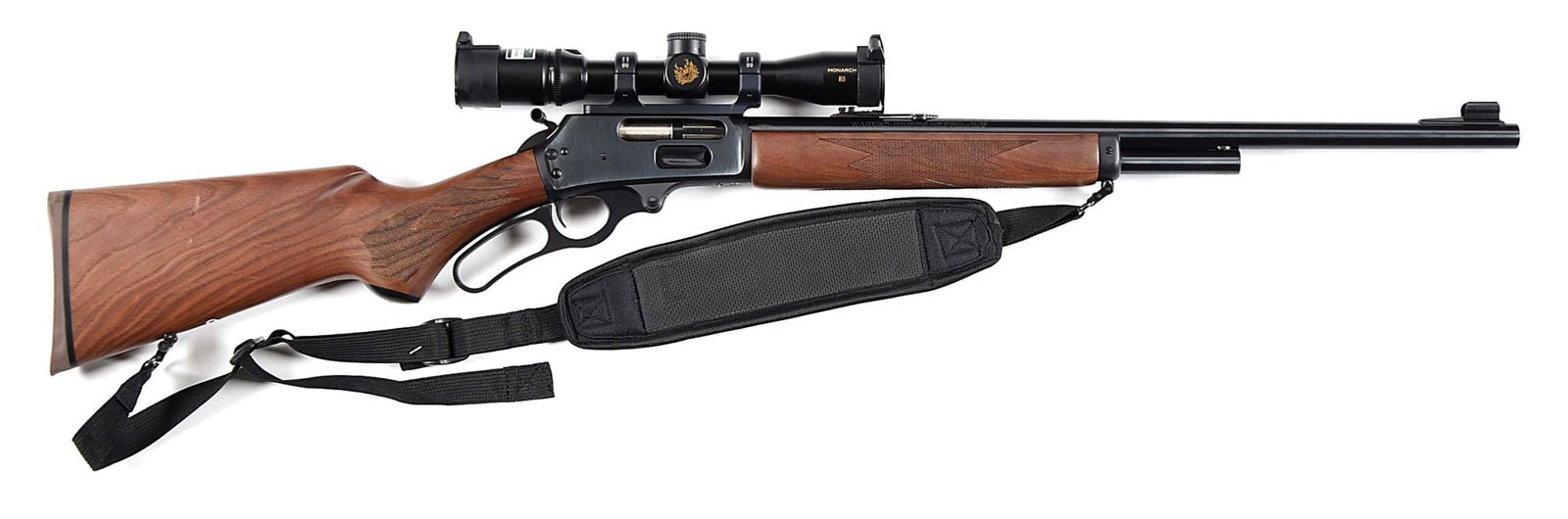 (M) MARLIN MODEL 1895 .45-70 LEVER ACTION RIFLE.: This big bore lever gun features an oil finished walnut stock with checkered pistol grip, Marlin solid rubber recoil pad, grip cap, sling, and matching forearm. Heavy round barrel, half magazine, hood