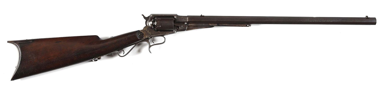 (A) REMINGTON 1858 REVOLVING PERCUSSION RIFLE.: It is estimated that less than 1000 of these were made between 1866-1879. This is the iron mounted .36 caliber version with the full octagon barrel, extra length loading lever, percussion, scroll type