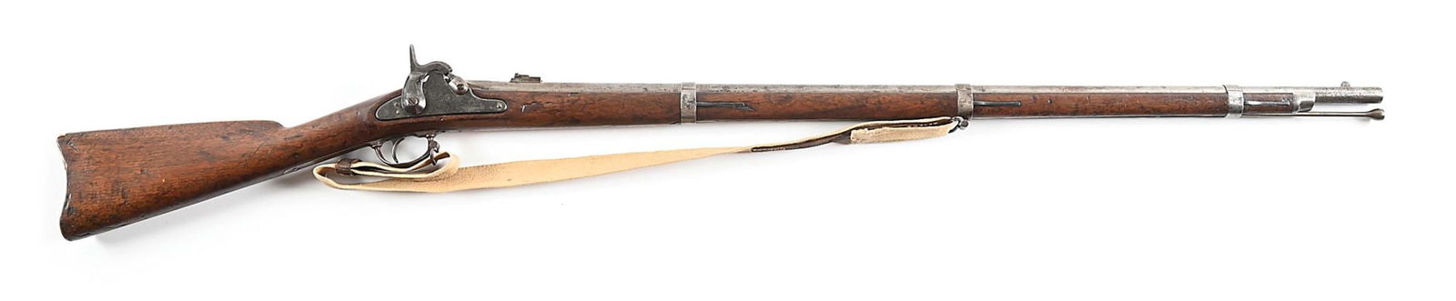 (A) CS RICHMOND ARMORY TYPE I PERCUSSION RIFLED MUSKET.: Manufactured in 1861 for Confederate use by the Richmond Armory using machinery and parts captured at Harper's Ferry. Early type 1 high hump lock is dated 1861 behind hammer and correctly marked "RICH