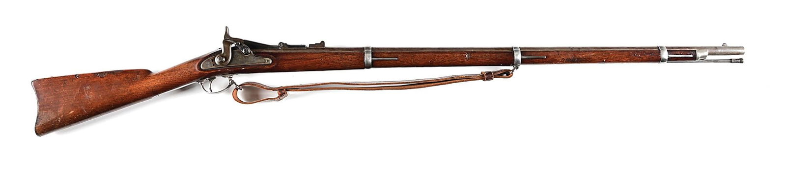 (A) VERY FINE US SPRINGFIELD MODEL 1866 SECOND ALLIN TRAPDOOR CONVERSION RIFLE.: Based on armorer Erskine Allin's design approximately 25,000 these trapdoor conversions were built circa 1866 from musket parts. The original 1865 dated musket barrel is fitted with a blued 1866 dated