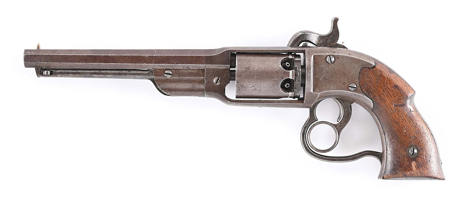 (A) SAVAGE 1861 NAVY REVOLVER IN .36 CALIBER: Approximately 20,000 Navy size revolvers were made in Middletown CT from 1861-65. Of those, 11,984 were made under US contracts but most were not US surcharged as is this example. It is referred to as