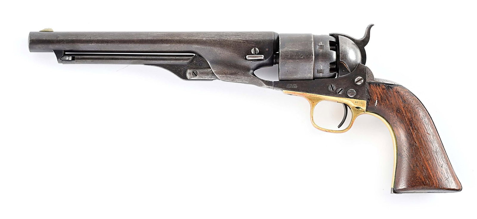 (A) CIVIL WAR PERIOD COLT 1860 ARMY SINGLE ACTION REVOLVER.: Per the included factory letter, this revolver shipped as a classic .44 caliber with 8" barrel, blue and brass finish, and wood stocks, shipped to Emerson Gaylord, Springfield, Massachusetts, on July 