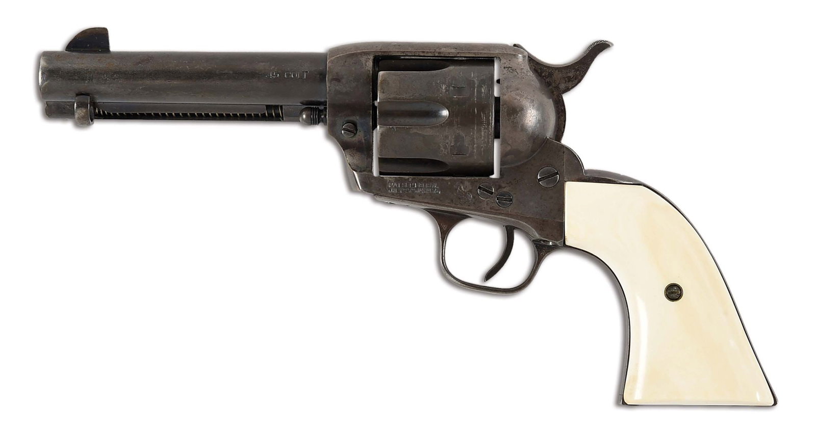 (C) COLT SINGLE ACTION ARMY REVOLVER IN .45 COLT.: According to the Colt archive letter. This gun was shipped as a .45/c with a 4 3/4" barrel, blue finish and stocks not listed. It was shipped to Momsen, Dunnegan, Ryan Company in El Paso, Texas on May