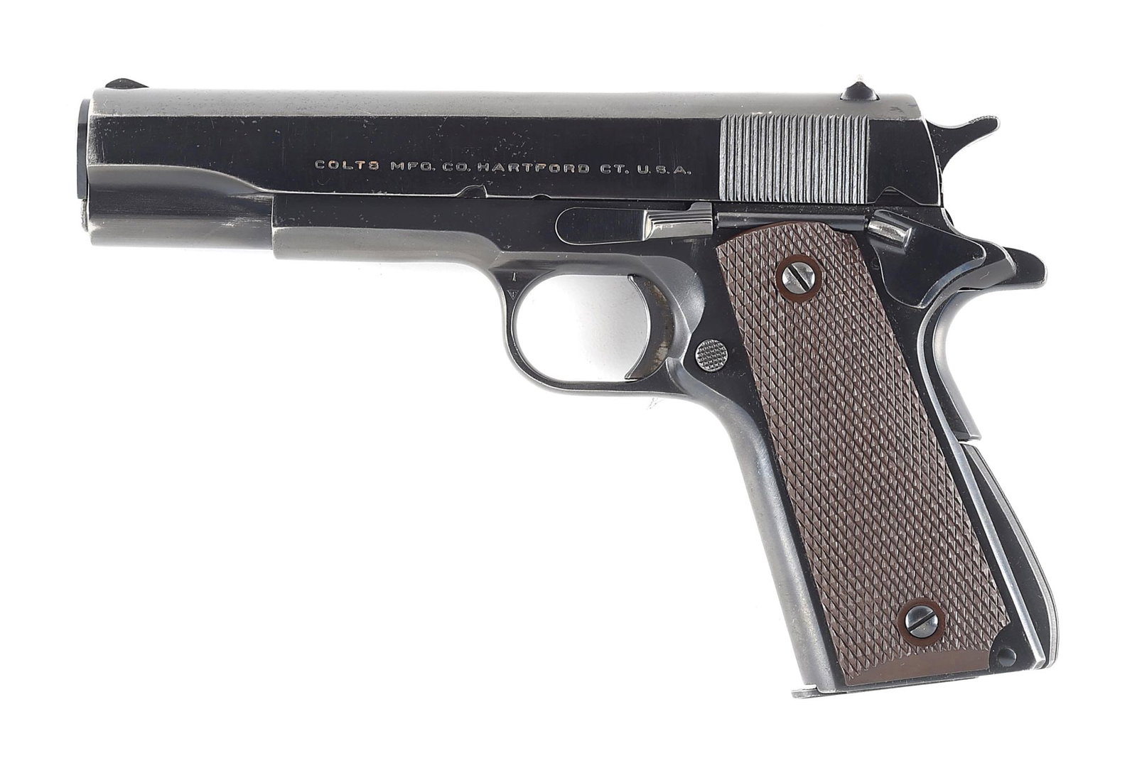(C) COLT SUPER .38 SEMI-AUTOMATIC .38 SUPER PISTOL.: Per the included Colt factory letter, this pistol shipped as a .38 Super with a 5" barrel and blued finish, stocks unlisted, to William H. Hoegee Company, 129 S. Los Angeles Street, Los Angeles, Calif