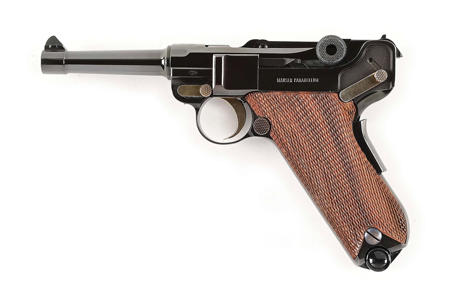 (C) BOXED MAUSER AMERICAN EAGLE PARABELLUM LUGER SEMI AUTOMATIC PISTOL.: Mauser Luger production resumed in the 1970s, with the introduction of the Mauser/Interarms P08 imported by Interarms. This is the American Eagle version with the engraved eagle on the chamber, Mauser
