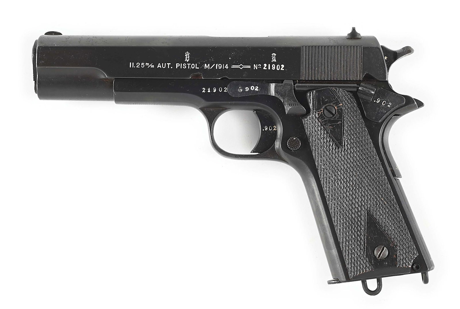 (C) SCARCE 1932 DATED NORWEGIAN KONGSBERG MODEL 1914 SEMI AUTOMATIC PISTOL.: The Kongsberg 1914 is essentially a very close clone of the Colt 1911, with its most distinct difference the extended and dropped slide release. Only approximately 500 of these guns were produced in 1