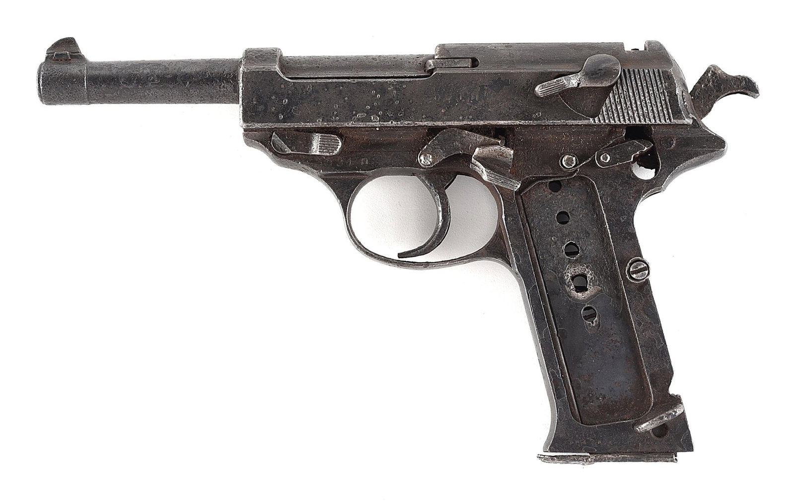 (C) RELIC WALTHER P.38 SEMI AUTOMATIC PISTOL REPORTEDLY RECOVERED FROM THE FUHRERBUNKER BURN PIT.: Manufactured by Walther in 1943 in standard configuration. Accompanied by a note from the consignor stating that this pistol and a sword were taken by an American GI, reportedly the first one allowed 