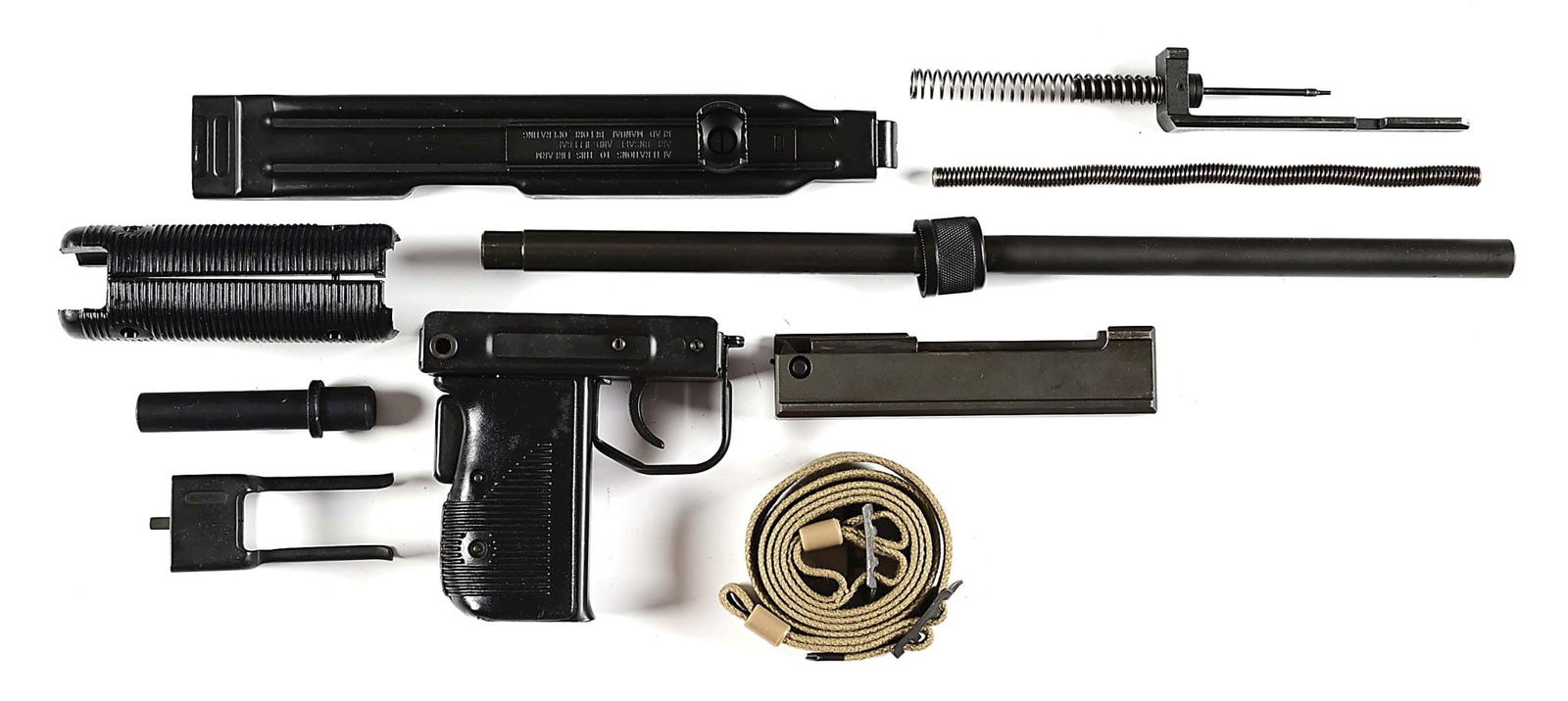 ACTION ARMS UZI MODEL B PARTS KIT WITH HARD CASE.: Lot includes parts from a pre-ban Action Arms imported IMI Uzi Model B sans receiver. Parts include 16" barrel with nut, barrel stub, forend, grip assembly, bolt, sight parts. Factory hard case also i