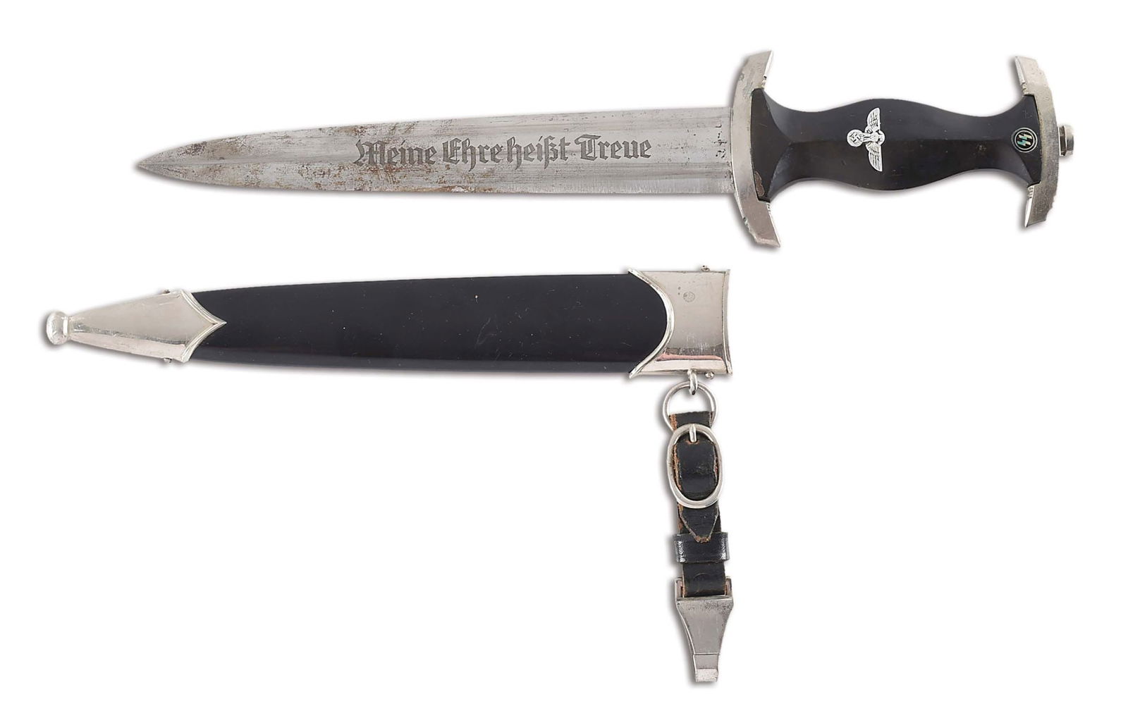 THIRD REICH SS DAGGER BY KARL TIEGEL.: Third Reich SS dagger with a "RZM M7/81 / RZM 1241/39" marked blade with visible cross graining, moderate runner marks, and scattered blemishes throughout its length. Tip is chipped. Nickel fittings a