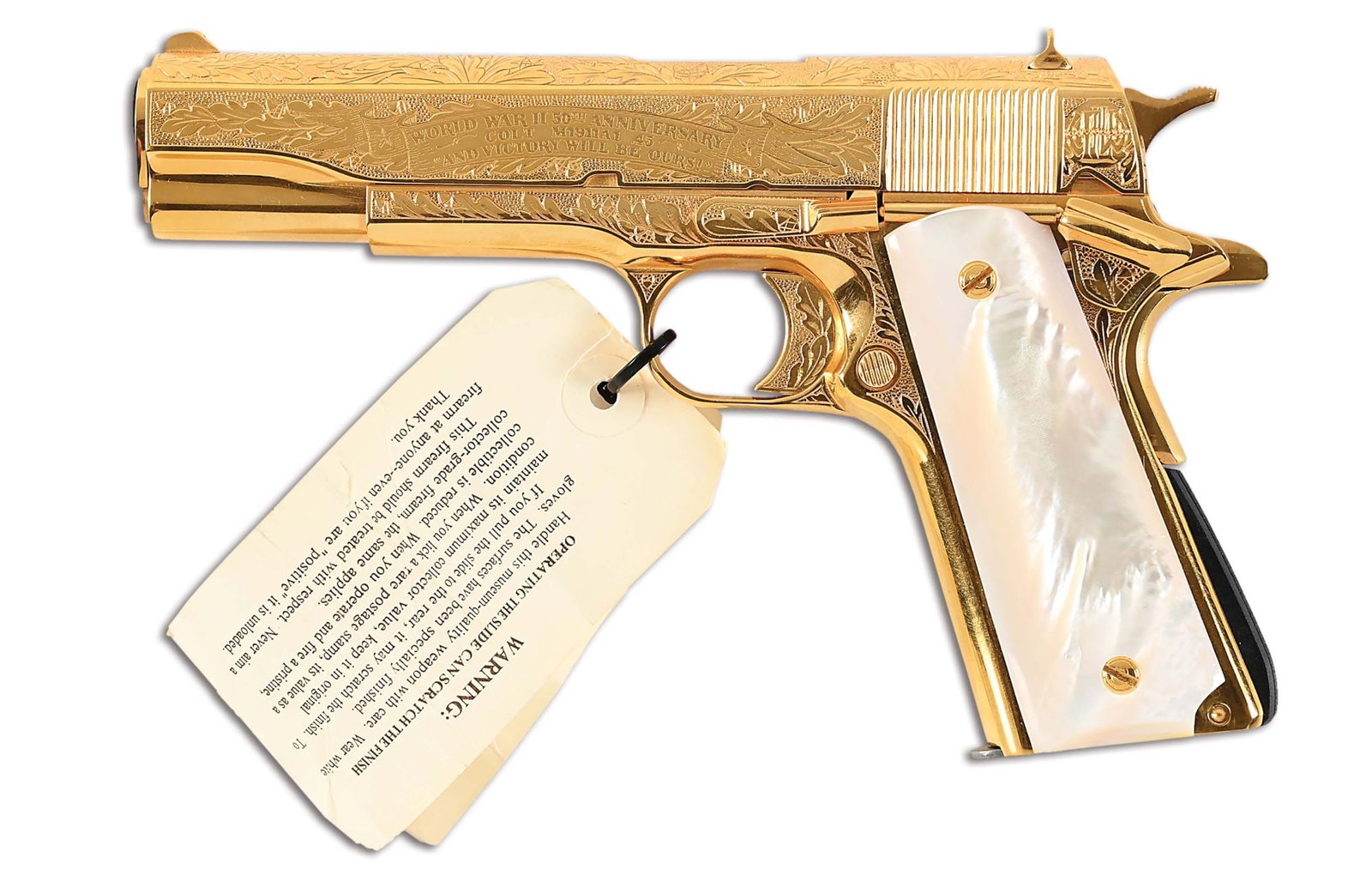 (M) CASED AMERICAN HISTORICAL SOCIETY COLT M1911 A1 WW2 50 YEAR ANNIVERSARY.: The society commissioned a run of 50 special edition, 24 k gold plated special pistols of which this is number 27. Using a standard Government Model 45 as the basis, this gun features an engraved oak 
