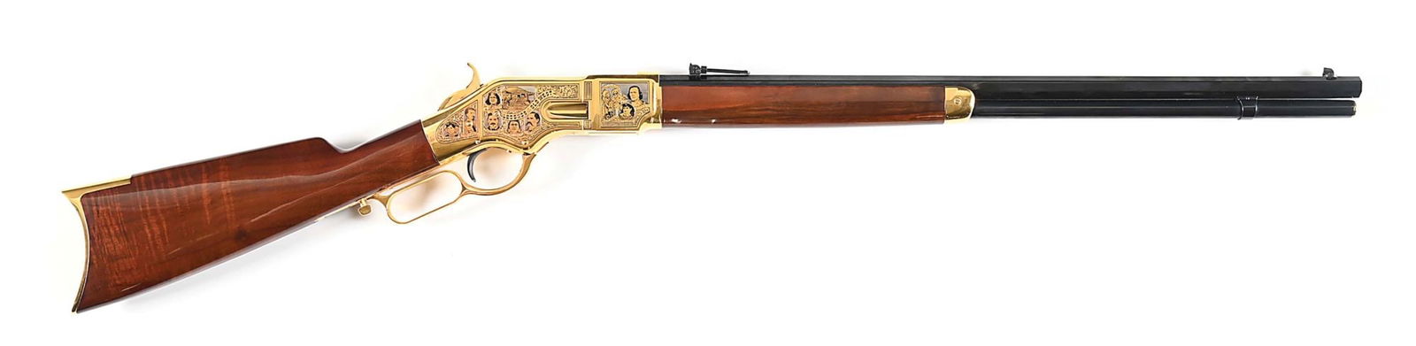 (M) LEGENDS OF THE OLD WEST TRIBUTE TAYLORS & CO. UBERTI MODEL 66 LEVER ACTION RIFLE.: Manufactured in Italy by Uberti, this rifle has been wonderfully embellished by A&A Engraving for America Remembers, as number 270 of 500 "LEGENDS OF THE OLD WEST" tributes. Both sides of the brillian