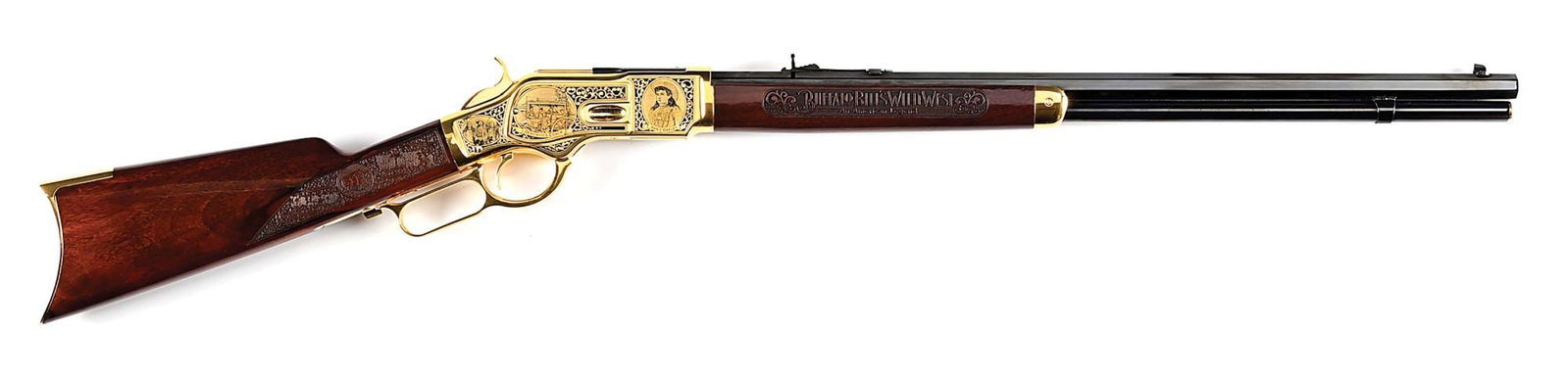 (M) BUFFALO BILL WILD WEST SHOW TRIBUTE TAYLORS & CO. UBERTI MODEL 66 LEVER ACTION RIFLE.: Number 275 of 300. Features include a 24" blued steel octagon barrel with blade front sight and a adjustable sporting rear. Fully engraved gold plated steel receiver, the left side of the receiver fea