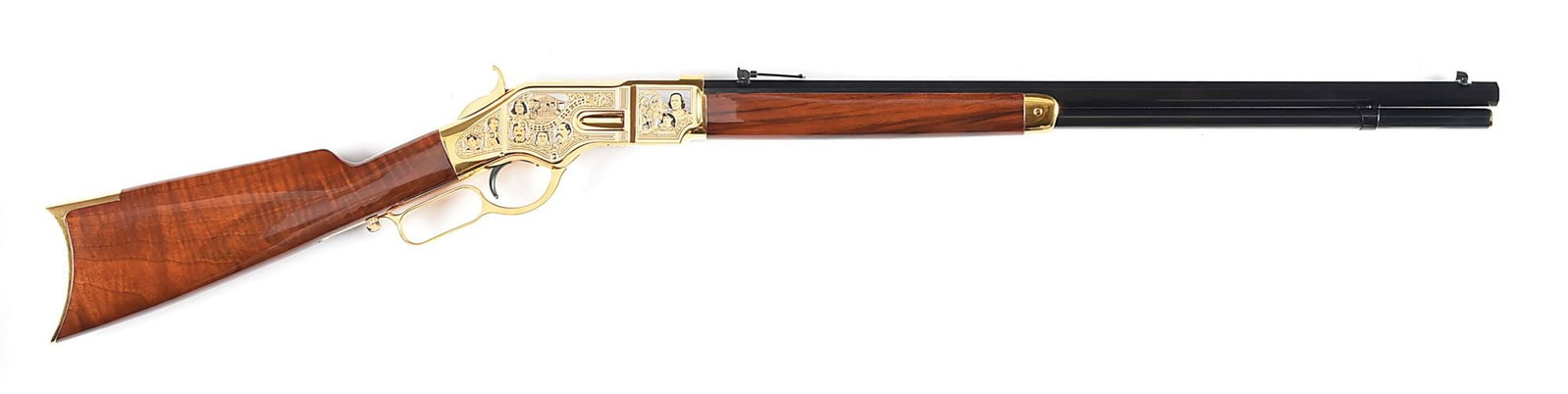 (M) LEGENDS OF THE OLD WEST COMEMMORATIVE TAYLORS & CO. UBERTI MODEL 66 LEVER ACTION RIFLE.: This is number 30 of a limited run of 500. Features include full octagon barrel, dovetailed blade front sight, adjustable rear ladder sight, and high gloss forearm and stock. Adorned with engraved ima