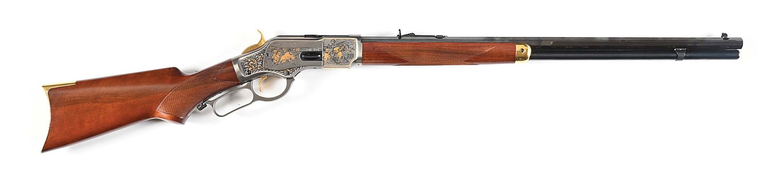 (M) ENGRAVED WILD WEST FRONTIER UBERTI MODEL 1873 LEVER ACTION RIFLE IN .44-40 WCF.: Manufactured in Italy and embellished for America Remembers, this rifle is number 50 of 125 Wild West Frontier tributes made. Rifle features a silver nitre finished receiver attractively engraved with