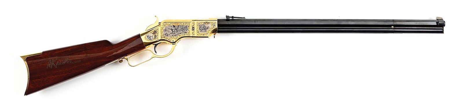 (M) MORT KUNSTLER CIVIL WAR TRIBUTE TAYLORS & CO. UBERTI MODEL 1860 HENRY LEVER ACTION RIFLE.: Manufactured in Italy, this rifle has been elaborately embolized by A&A Engraving for America Remembers as number 195 of 300 Civil War Tribute rifles. Classic Henry profile octagon barrel finished in