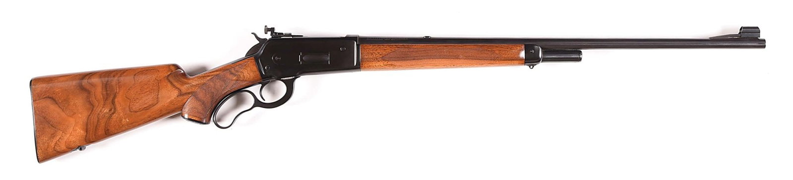 (C) PRE-WAR WINCHESTER MODEL 71 LEVER ACTION RIFLE IN DELUXE CONFIGURATION.: Manufactured in 1937 on a long tang receiver. Blued steel Winchester Proof Steel round barrel with hooded ramped blade front sight and desirable bolt peep rear. Half length magazine. Winchester patter