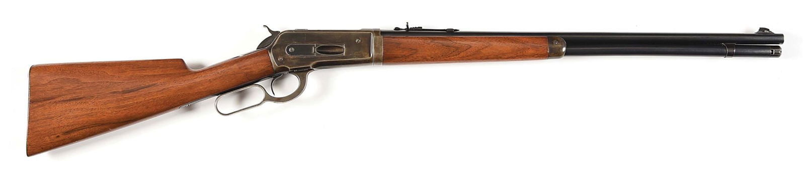 (C) WINCHESTER MODEL 1886 LIGHTWEIGHT TAKEDOWN 45-70 LEVER ACTION RIFLE: Manufactured in 1911. Features round barrel, full tube magazine, take down, Marbles front sight on base, flat top sporting rear sight, blue finish, walnut stock sports a checkered steel shotgun butt p