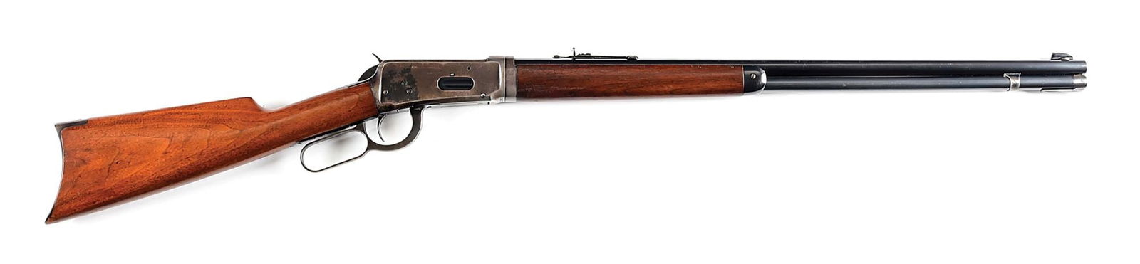 (C) TAKEDOWN WINCHESTER MODEL 1894 LEVER ACTION RIFLE.: Manufactured in 1923. Fully blued, round, nickel steel barrel with Marbles Sheard front sight and sporting rear. Takedown frame. Plain walnut stocks with crescent rifle butt plate. CONDITION: Very goo