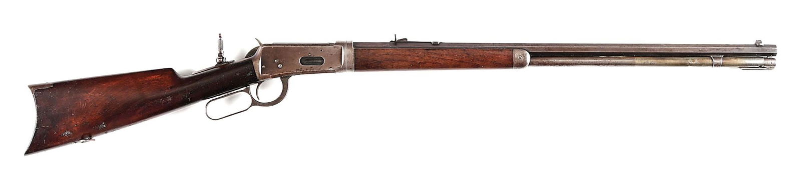 (A) EARLY WINCHESTER MODEL 1894 TAKEDOWN RIFLE IN .32-40 WCF.: Manufactured in 1895. Early take down rifle that does not have the 10 o'clock screw. Features full octagon barrel, full tube magazine, German silver tip front sight, semi buckhorn rear sight, tang sig