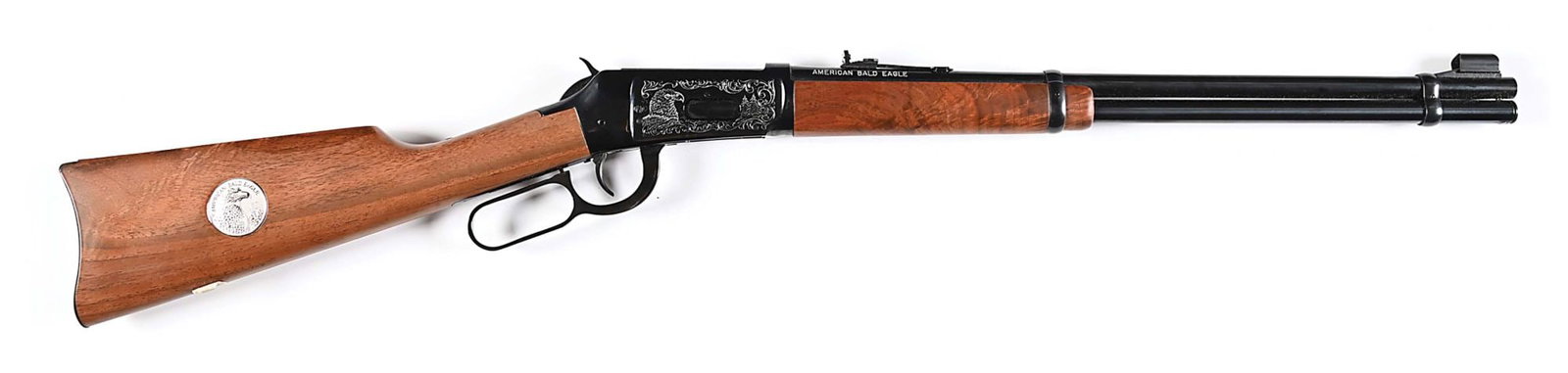 (M) BOXED AMERICAN BALD EAGLE WINCHESTER MODEL 94 XTR LEVER ACTION CARBINE IN .375 WINCHESTER.: One of 2800 made in 1983. Right side of stock has the special inset coin. Right side of barrel has the silver legend "AMERICAN BALD EAGLE". Frame is etched in silver with an eagle in a mountain settin