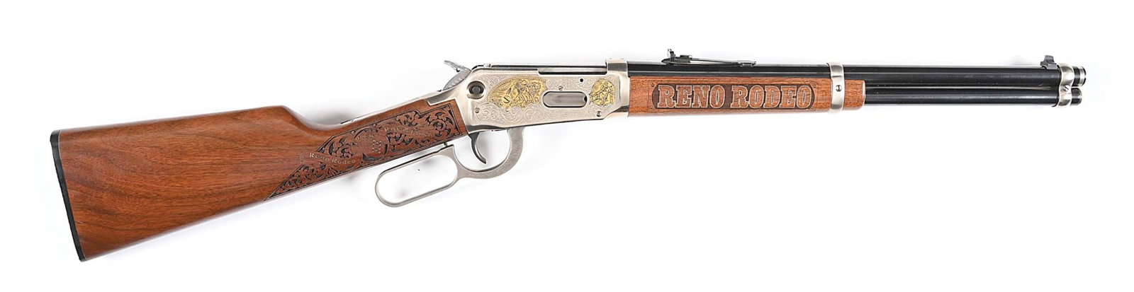 (M) HARD CASED RENO RODEO ROYAL FLUSH WINCHESTER MODEL 94AE CARBINE IN .45 COLT.: This is number 8 in a special edition of only 50. The “Wildest, Richest Rodeo in the West,” the Reno Rodeo is a 10-day event. The Reno Rodeo is a PRCA (Professional Rodeo Cowboys Associati