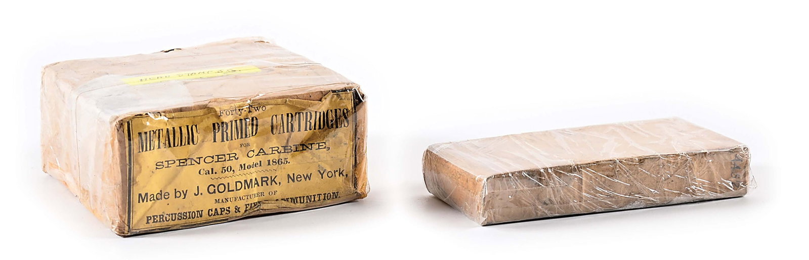 LOT OF 2: BOXES OF ANTIQUE AMMUNITION.: Lot consist of: (A) Full box of Forty Two, Metallic primed Cartridges, for Spencer Carbine. Cal. 50 Model 1865. Made by J. Goldmark, New York. Manufacturer of Percussion Caps & Fixed Ammunition.. (B) 