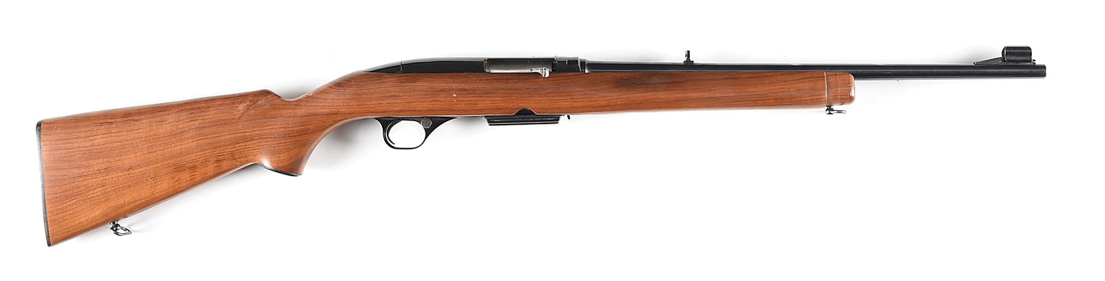 (C) SCARCE WINCHESTER MODEL 100 SEMI AUTOMATIC CARBINE IN .284 WIN.: Manufactured 1967. Standard semi automatic carbine (missing front barrel band) in desirable caliber features blue finish, hooded ramp front sight, folding leaf rear sight, plain pistol grip walnut sto
