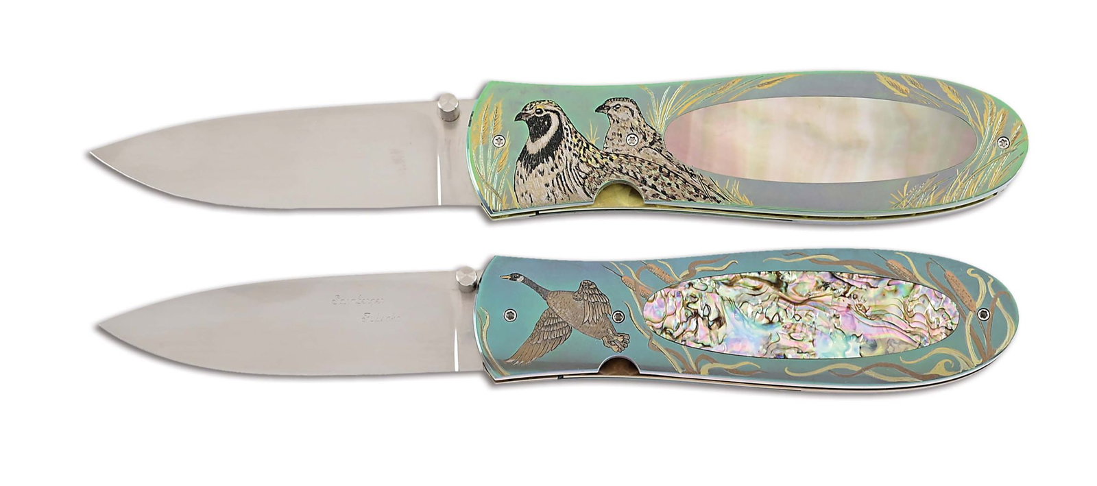 LOT OF 2: JIM SORNBERGER AND STAN FUJISAKA LINERLOCK KNIVES.: Lot consists of: (A) Jim Sornberger and Stan Fujisaka 2006 sage grouse fishing linerlock knife. Blade is crafted of ATS-34 steel and measures approximately 3 - 3/4". Marked "J. Sornberger / S. Fujisak