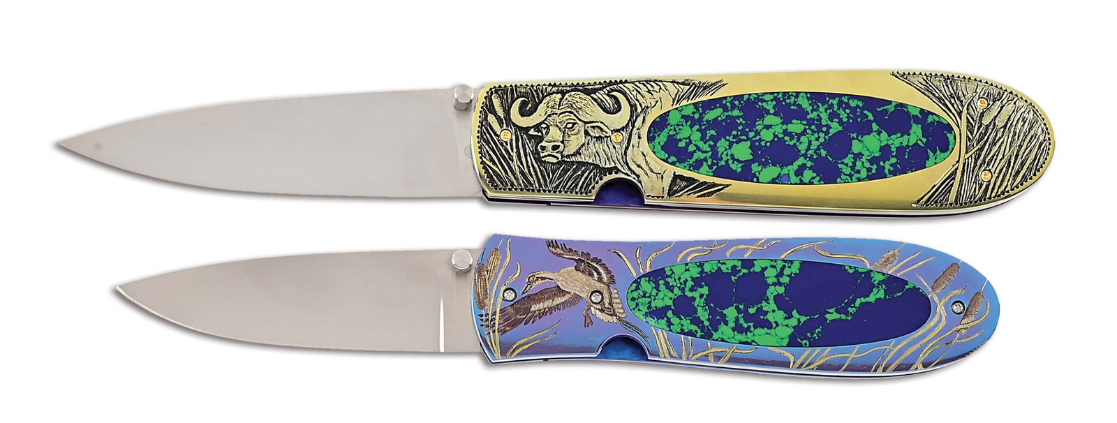 LOT OF 2: JIM SORNBERGER LINERLOCK KNIVES.: Lot consists of: (A) Jim Sornberger Jim Sornberger African Big Five cape buffalo linerlock knife. Blade is crafted of ATS-34 steel and measures approximately 3 - 1/4". Marked J. SORNBERGER / VOLCANO C