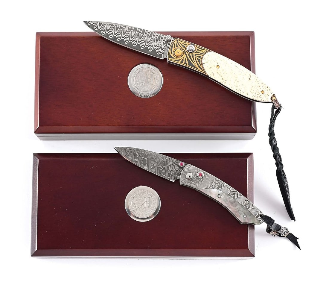 LOT OF 2: WILLIAM HENRY B05 CEYLON AND B04 PIKATTI FOLDING KNIVES.: William Henry B05 Ceylon button lock folding knife that features a "wave" Damascus ZDP-189 core HRC 67 blade with white topaz thumbstud and button. Blade measures 2 - 1/2" with WM monogram. 24K gold K