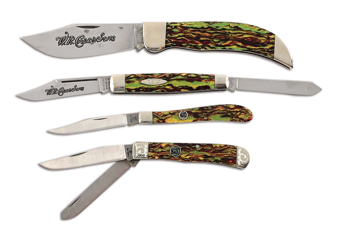 LOT OF 4: LARGE PATTERN CONTEMPORARY CHRISTMAS TREE HANDLED CASE KNIVES.: Lot consists of: (A) W.R. Case & Sons Case Classic fixed blade knife. 5 - 1/2" wide clasp, single blade, handled in Christmas Tree celluloid. CONDITION: Excellent. (B) Case Lightning S 4 - 1/8", 2 bla