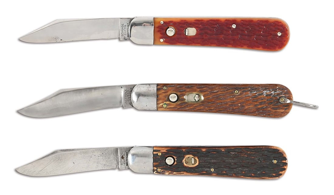 LOT OF 3: SCHRADE CUTLERY CO. AUTOMATIC KNIVES.: There is plenty of coverage on the Schrade Cutlery Company 1904-1946 of Walden, New York, pgs. 116-130 of "Antique American Switchblades". These knives are listed on page 126 as the 4 1/4" singles Mod