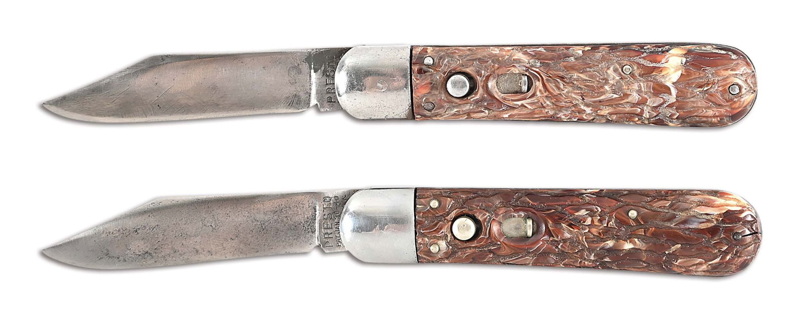 LOT OF 2: PRESTO AUTOMATIC KNIVES.: Presto, a trade mark of George Schrade Knife Company operated from 1929-1956 in Bridgeport Conn. Listed on page 106 as the 4 1/8" singles. Both knives feature Brain Worm grooved handles with steel bol