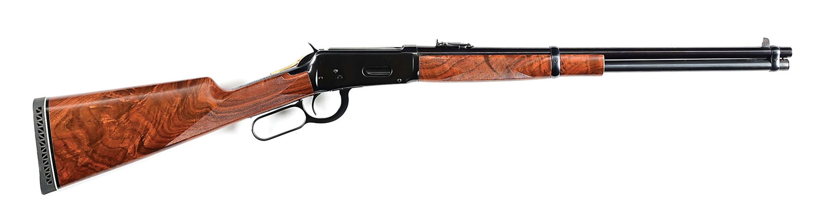 (C) UPGRADED WINCHESTER MODEL 1894 SADDLE RING CARBINE (1916).: Manufactured 1916. Standard saddle ring carbine with full length magazine tube, two barrel bands, blue finish, post front sight, folding ladder rear sight, saddle ring and stud, replacement hand check