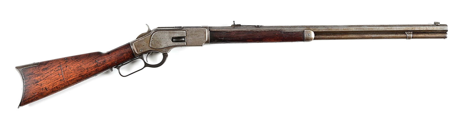 (A) WINCHESTER MODEL 1873 LEVER ACTION RIFLE (1883).: Manufactured 1883. Standard rifle with full octagon barrel, full length magazine tube, replaced dovetailed front sight, semi-buckhorn rear sight, and walnut stock with rifle buttplate and matching for