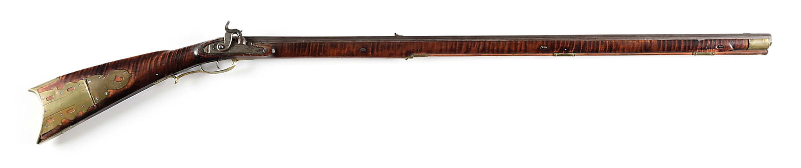 (A) PERCUSSION KENTUCKY RIFLE WITH HORSE HEAD PATCH BOX.: Rifled octagon barrel with Ashmore Warranted percussion lock. Plain brass furniture including four-piece patchbox with 5 piercings and a desirable horse head finial. Tiger maple stock. CONDITION: Barr
