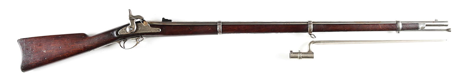 (A) SPRINGFIELD MODEL 1863 PERCUSSION MUSKET WITH BAYONET.: Standard 40" .58 caliber rifled National Army. Bright polished, barrel proofed at breech "V / P (Eagle head)" with blade front sight and 2 position rear sight, faded case hardened lock marked with fed