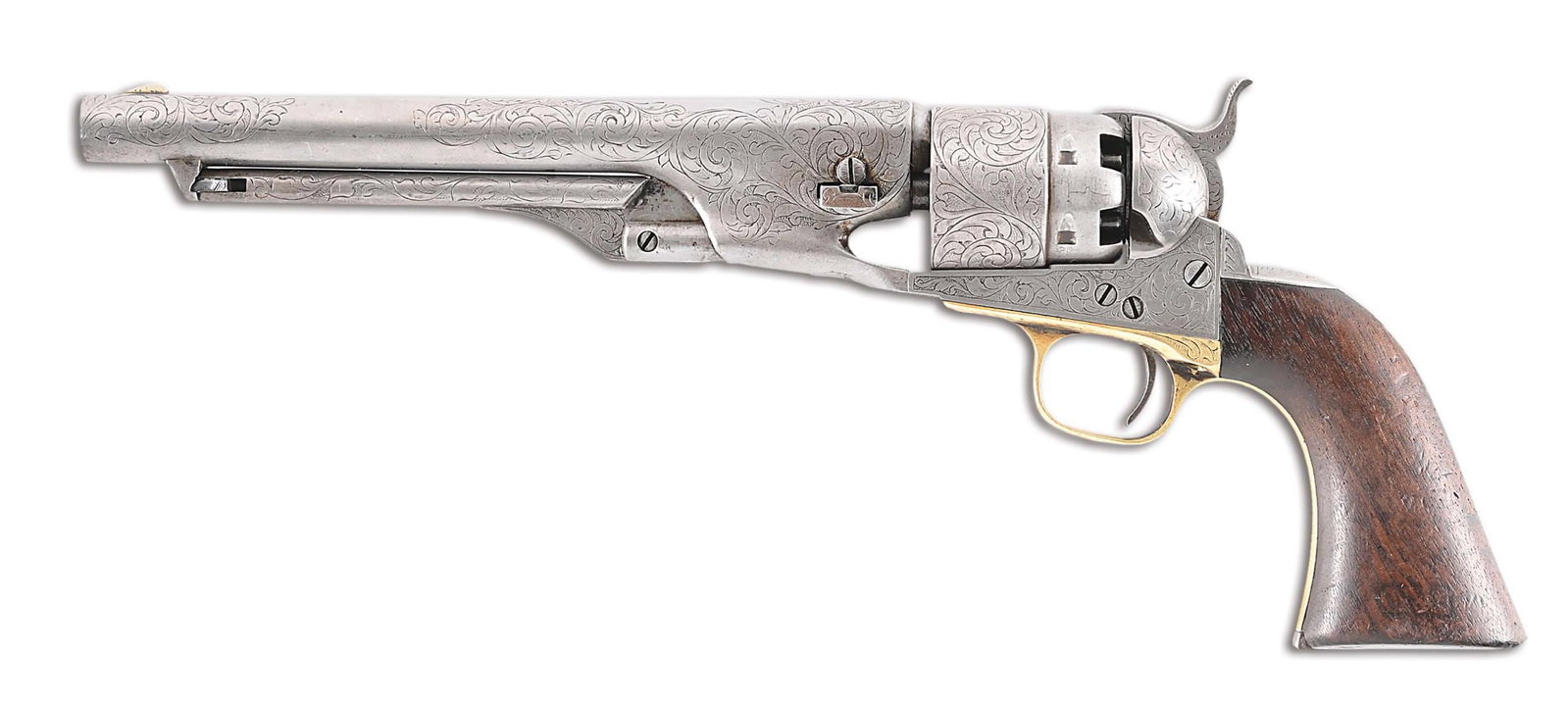(A) ENGRAVED MARTIAL COLT 1860 ARMY PERCUSSION REVOLVER: This Colt shows several individual inspector martial stamps. The brass trigger guard has the scarce rebuild stamp. Within this group of guns sent to be refurbished, “cleaned & repaired”, i