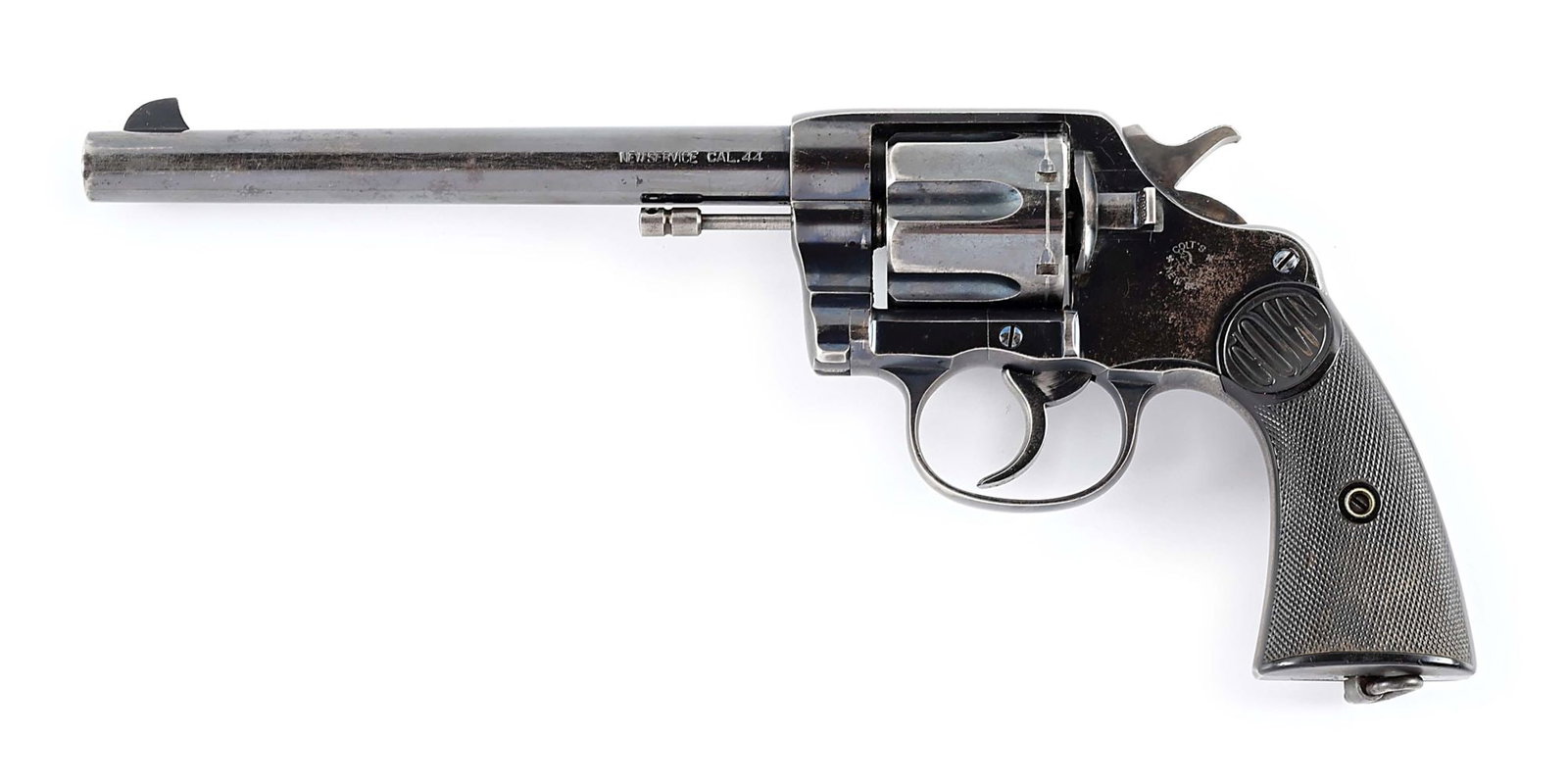 (C) COLT NEW SERVICE DOUBLE ACTION REVOLVER.: Manufactured in 1904. Blade front and U notch rear sight. Two piece hard rubber checkered grips with "COLT" at the top of each grip. Two line address and patent dates on the top of the barrel, "COLT'S