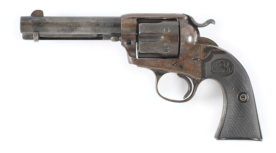 (C) COLT BISLEY .45 COLT SINGLE ACTION REVOLVER (1902).: Manufactured in 1902. Two line address on top of the barrel "COLT'S PAT. F. A. MFG. CO. / HARTFORD, CY. U.S.A.". Rolled caliber designation on the left side of the barrel, "(BISLEY MODEL) 45 COLT". Tw