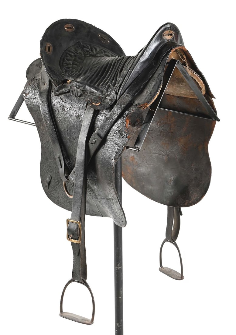 CIVIL WAR GRIMSLEY SADDLE.: A decent example of a Civil War era Grimsley saddle. Saddle has a quilted seat in decent condition with stitching holding together. Brass pommel and cantle furniture has a golden mellow patina. Side b