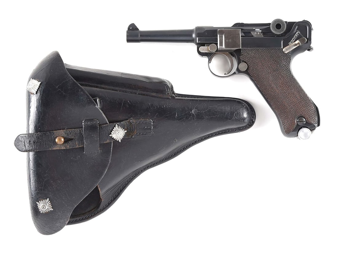 (C) DWM MODEL 1920 POLICE LUGER SEMI AUTOMATIC PISTOL.: Originally produced by DWM as a commercial Model 1920 with no chamber date and crown over "N" commercial nitro proofs on the left of receiver and breech block. Pistol was rebarreled to 9mm for police 